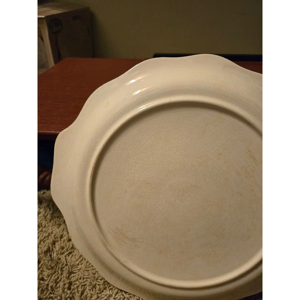 Vintage Scalloped Floral Ceramic Dinner Plate Cream Yellow Orange Crazed‎ Patina
